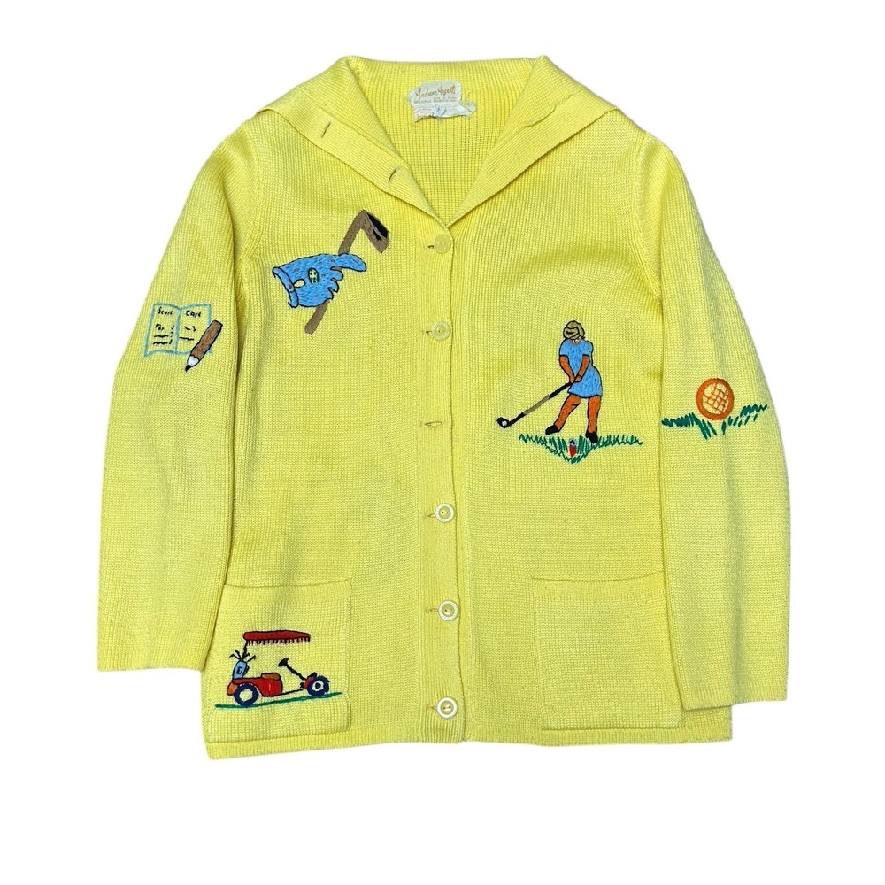 True Vtg 50's Andrew Argenti Embroidered Yellow Golf Cardigan Sweater (L)‎ Cute